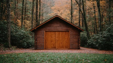 Rustic cabin in autumn forest, peaceful nature scene, ideal for relaxation and tranquility