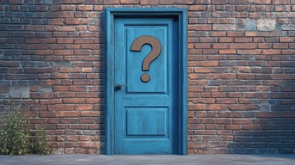 Mysterious Door with Question Mark on Weathered Brick Wall