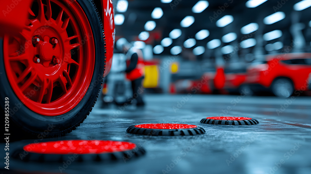 Poster a close-up view of a red car wheel in a garage, showcasing vibrant colors and tools in the backgroun