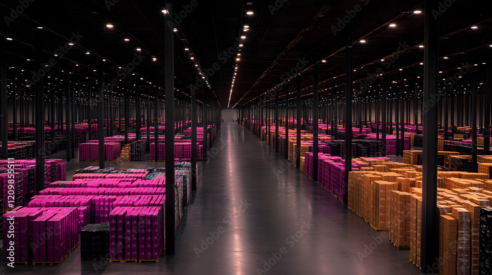 Poster a vast warehouse filled with brightly colored stacks of goods, illuminated by overhead lights, creat