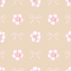 flowers, bow. Watercolor seamless pattern for textile and wrapping paper. Cute spring illustration for Valentine's Day, Mother's Day, Birthday