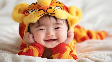 Fototapeta premium Cheerful Baby in Colorful Tiger Costume Laughing Joyfully Outdoors