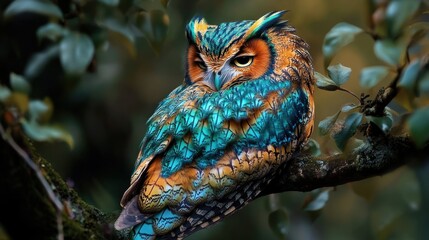 Obraz premium Vibrant owl perched on a tree branch amidst lush green foliage.