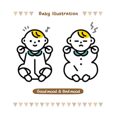 いろんな表情の赤ちゃんのイラスト。ご機嫌な表情と不機嫌な表情