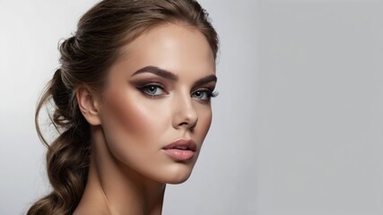 Fototapeta premium Stunning portrait of a model with elegant hairstyle and captivating makeup set against a soft gray background