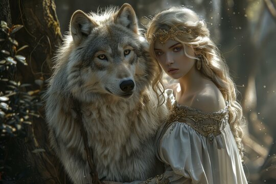 Blonde princess wearing diadem and medieval dress holding a gray wolf in a fantasy forest setting