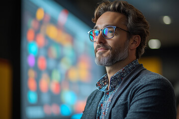 Corporate training session with an instructor standing next to an interactive board. Bright lighting, contrast