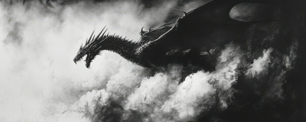 A dramatic charcoal drawing of a dragon soaring through the clouds.