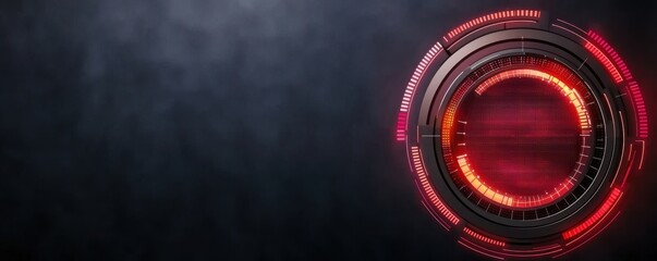 A futuristic design featuring a glowing circular element in red tones, set against a dark background, evoking a high-tech atmosphere.