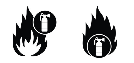 Fire extinguisher for alarm fire bell or alert ring to call. Warning fire, firefighter help. Warning, dangerous flames alarm or sprinkler alert. For fire alarm box, break glass, press here.