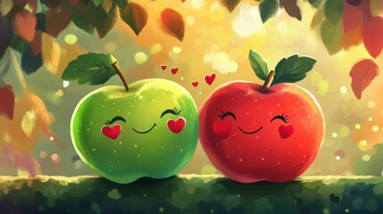 Cheerful Cartoon Apples with Smiling Faces and Heart Symbols
