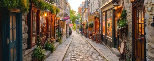 Fototapeta premium A quaint cobblestone street lined with charming shops, cafes, and old-fashioned buildings.