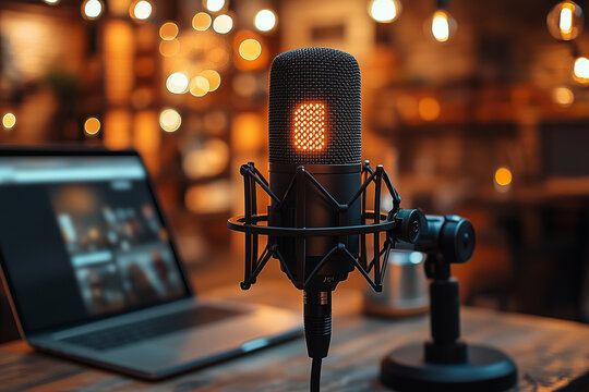 Employee adjusting a microphone for a live webinar with a laptop setup. Bright lighting, contrast