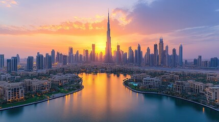 Fototapeta premium Experience a panoramic view of a vibrant cityscape at sunset, with warm hues casting a golden glow over the urban landscape, highlighting the beauty of the skyline.