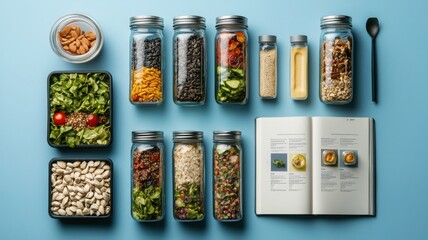 Meal Prep Mastery: A meticulously organized flat lay showcasing healthy meal prep containers filled with diverse ingredients and a recipe book.