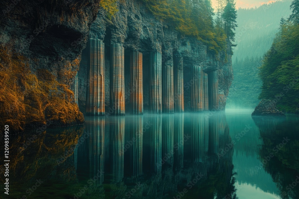Poster serene lake reflects basalt columns rising from misty, forested shores, creating a breathtaking natu