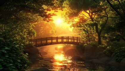 Fototapeta premium A wooden bridge spans a tranquil river in a lush forest at sunset.
