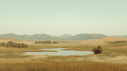 Obraz premium Serene lake in grassy valley, mountains backdrop, peaceful landscape, ideal for travel brochures