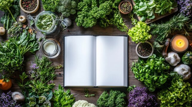 Recipe Book Mockup: A rustic overhead shot of a blank recipe book surrounded by an array of fresh green herbs, vegetables, and spices.  The scene is styled for a cookbook or culinary blog.
