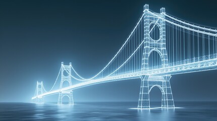 Obraz premium Futuristic 3D Wireframe Render of a Suspension Bridge at Night