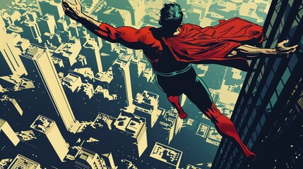 A superhero flying above a city in a comic book style.