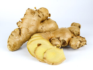 Sliced of ginger - on white background