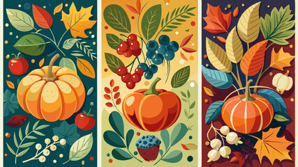 Set of vertical social media backgrounds with autumn ornaments. Pumpkins, berries, leaves and fruits.