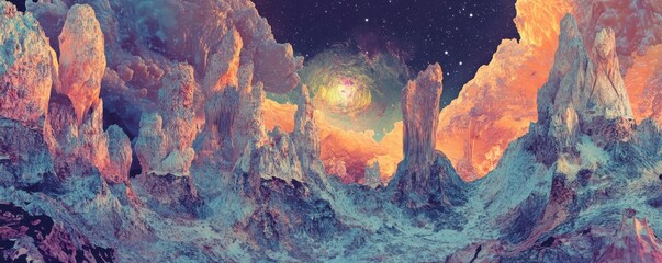 Naklejka premium An otherworldly landscape of alien rock formations and strange geological features, bathed in the light of a distant star.