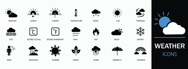 Weather icon set. Containing temperature, sun, rain, snow, cloud, humidity, summer, winter, spring, cloudy and rainy season. A well-organized collection of adaptable solid vector icons