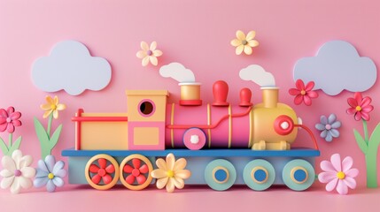 Pink background, toy train, flowers, clouds, children's product