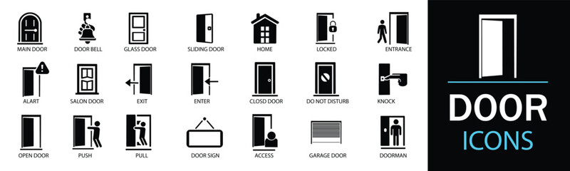 Door icon set. Featuring detailed illustrations of enter, exit, doorbell, knock, open door, home, closed door, pull and push symbol. A well organized collection of adaptable solid vector icons