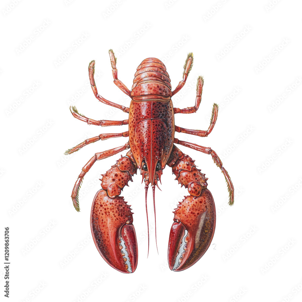 Poster a meticulously painted watercolor image showcasing a detailed anatomical rendering of a red lobster 
