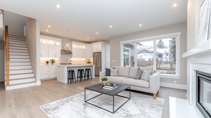 Modern open-plan home interior living room, kitchen, stairs