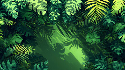 A tropical jungle background with camouflage patterns blending into the vibrant greens and shadows of the foliage.