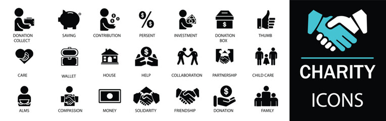 Charity icons set. Showcasing intricately designed representations of hands, donations,  unity and more. A well organized collection of adaptable solid vector icons