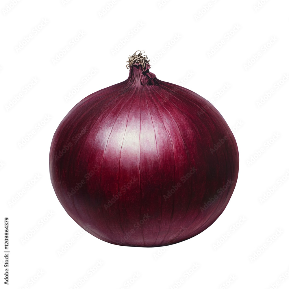 Poster a meticulously painted still life of a single large red onion against a stark white background.