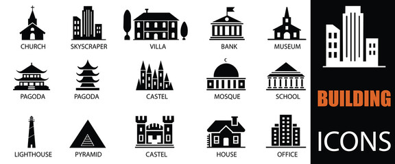 Building icon set. Containing house, office, bank, school, hotel, shop, university and hospital icons. A well organized collection of adaptable solid vector icons