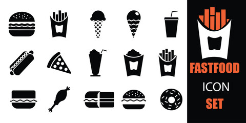 fast food icon set. Showcasing intricately designed representations of burger, pizza, hot dog, donut,  juice  icons. A well organized collection of adaptable solid vector icons