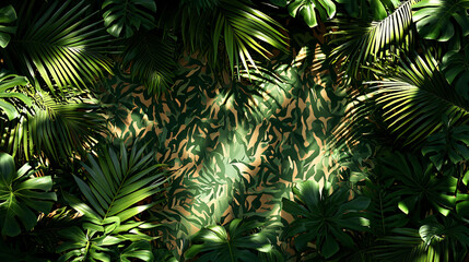 A tropical jungle background with camouflage patterns blending into the vibrant greens and shadows of the foliage.