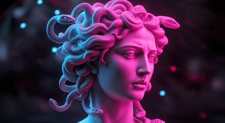 Medusa statue with snakes, illuminated in vibrant pink and blue hues