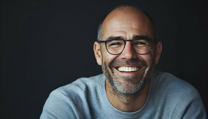 Obraz premium Portrait of a laughing man with stubble wearing a grey sweatshirt and glasses