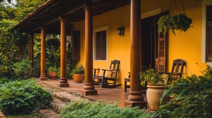 Serene Yellow Colonial House Porch with Rocking Chairs
