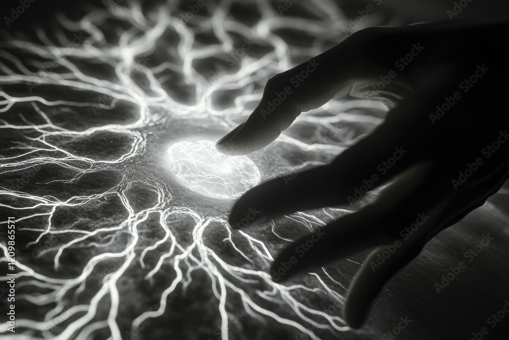 Fototapete A hand interacts with a glowing, neural network-like structure, evoking concepts of technology and the brain.