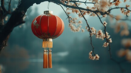 Glowing Red Chinese Lantern Hanging from Blossom Tree Branch in Autumn