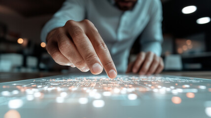 person interacting with digital interface, showcasing innovative technology and creative workplace ideas. focus is on hand and illuminated screen, emphasizing modern design