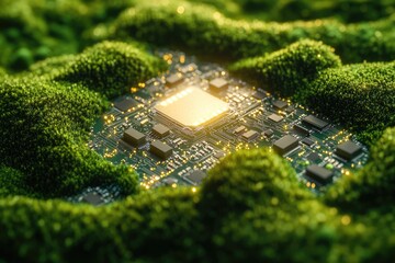 A glowing microchip is nestled within a lush green landscape, symbolizing sustainable technology and eco-friendly computing.