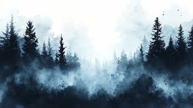 Misty Forest Silhouette With Watercolor Texture And Soft Light Creating A Serene Atmosphere