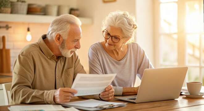 Medicare advantage. Elderly couple reviewing documents together at home by a laptop, enjoying quality time.