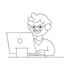 laptop typing drawing line art vector design isolated on white background. minimalistic man with laptop line art design.