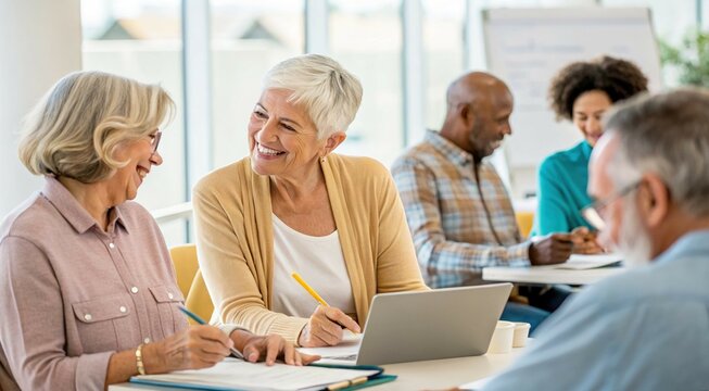Medicare advantage. Seniors collaborating in a bright, modern classroom environment.